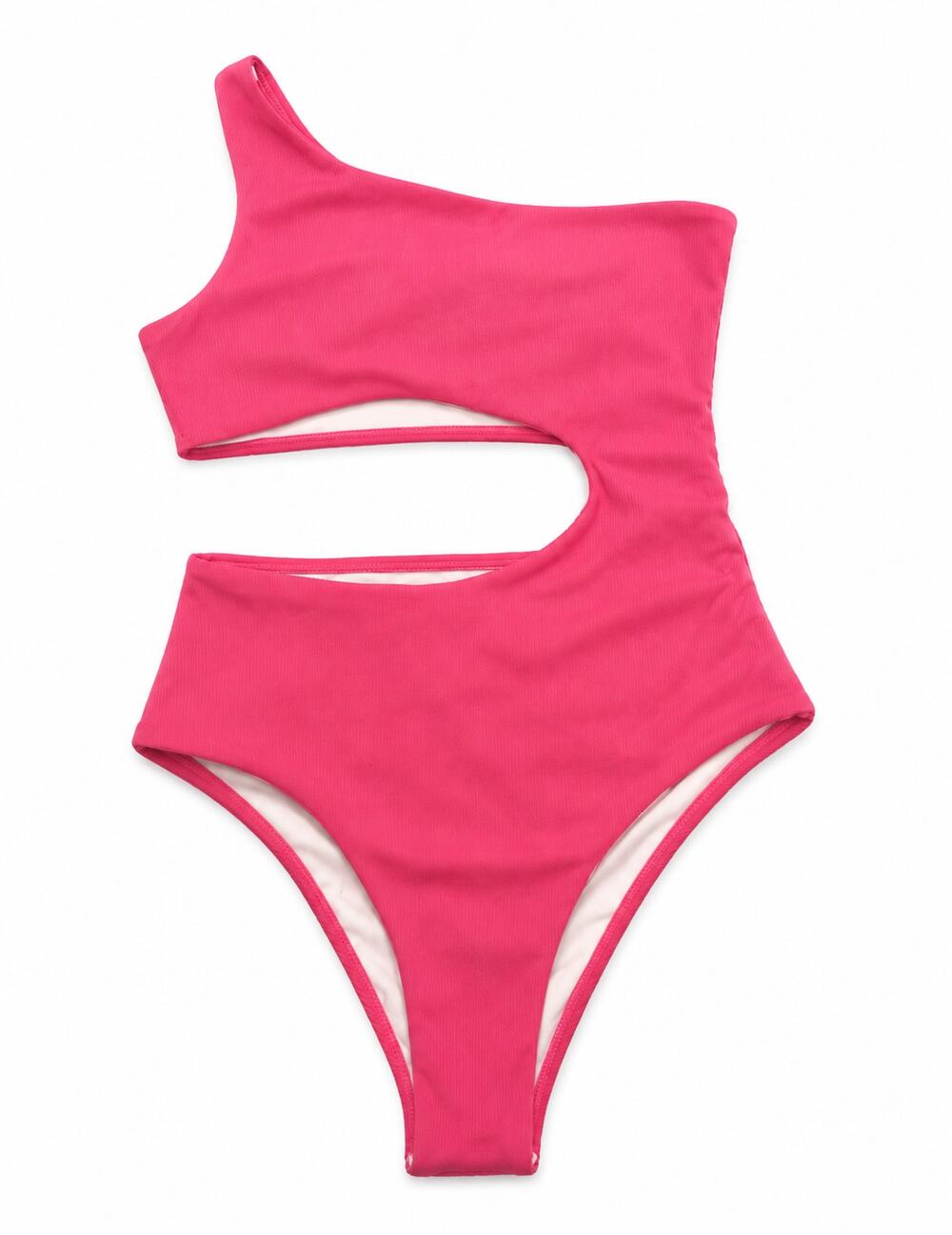 Pink Ribbed One Shoulder Monokini Cutout Swimsuit High Leg One Piece Swimwear, S